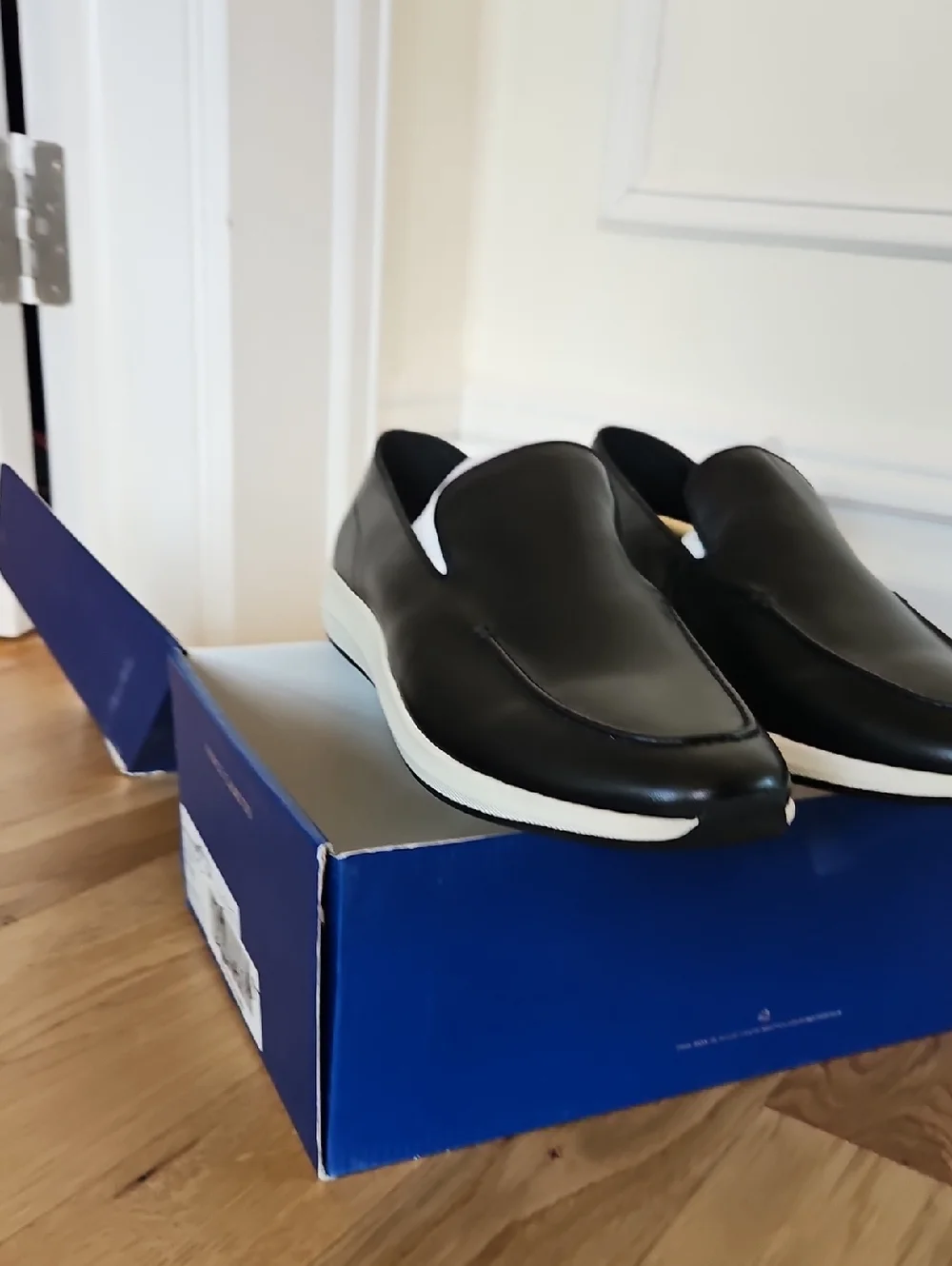 Vince Camuto Black Leather Slip-On Loafers with White Sole